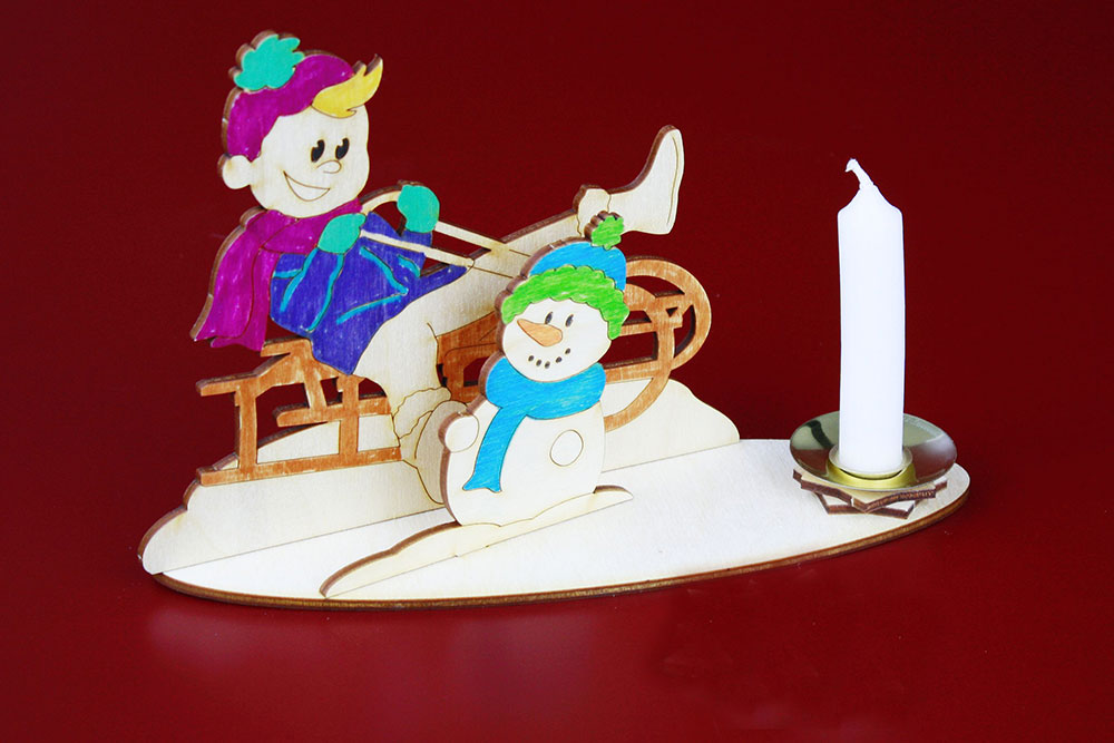 Teelichthalter Wintersport Kind mit Schlitten