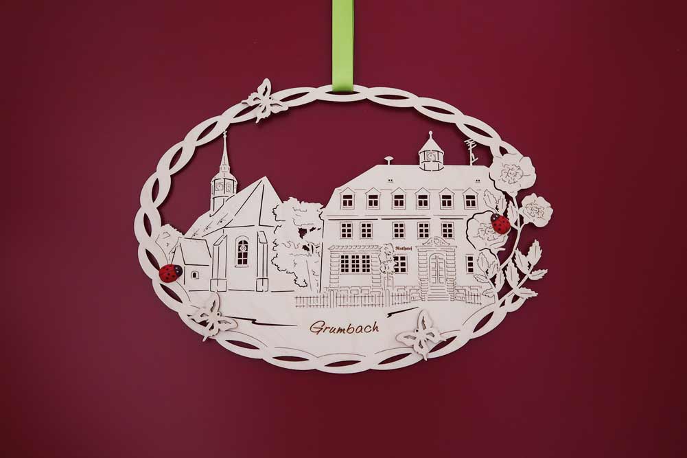 Fensterbild Grumbach Kirche und Rathaus